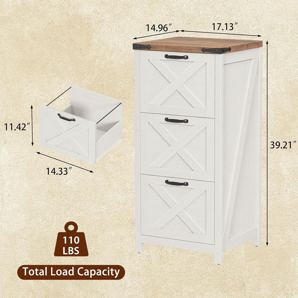 Vabches Farmhouse 3 Drawers Tall File Cabinet for Home Office, Rustic White