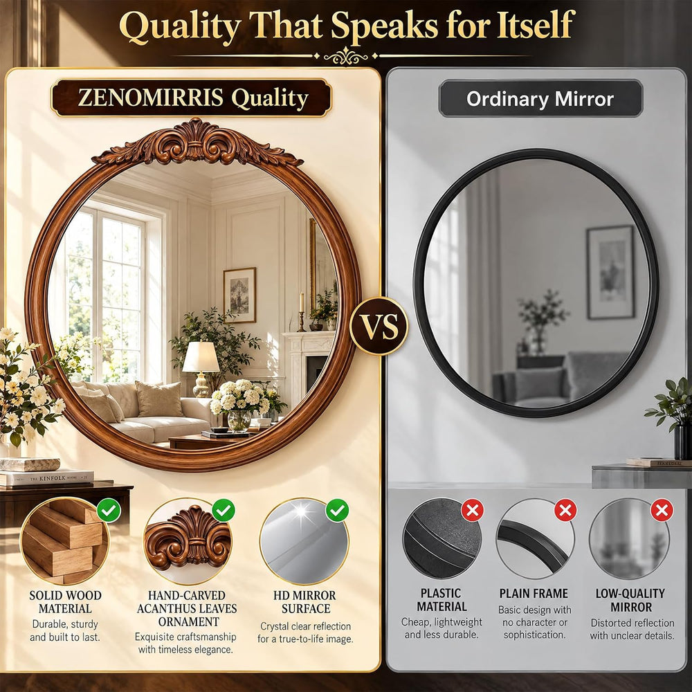 30 Inch Rustic Wall Mirror with Solid Wood Walnut Light Brown