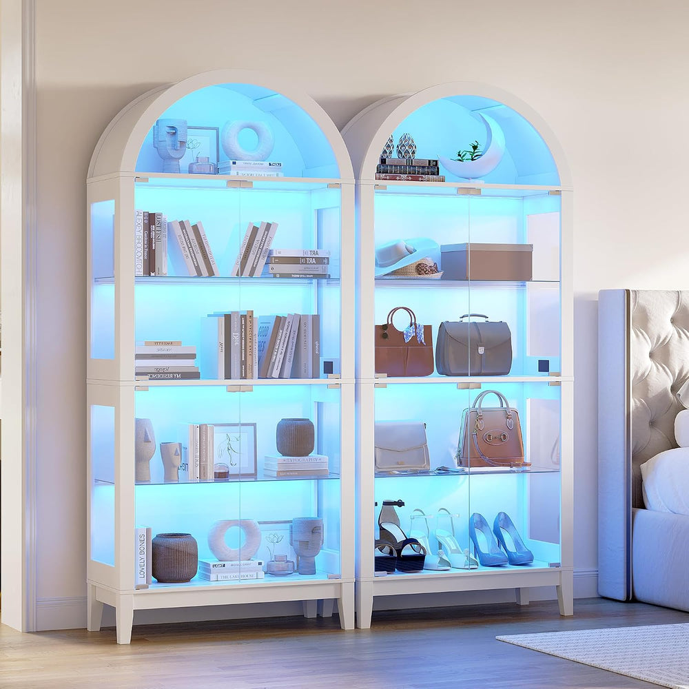 HNEBC Arched Glass Display Cabinet with RGB Dimmable LED Lights, White