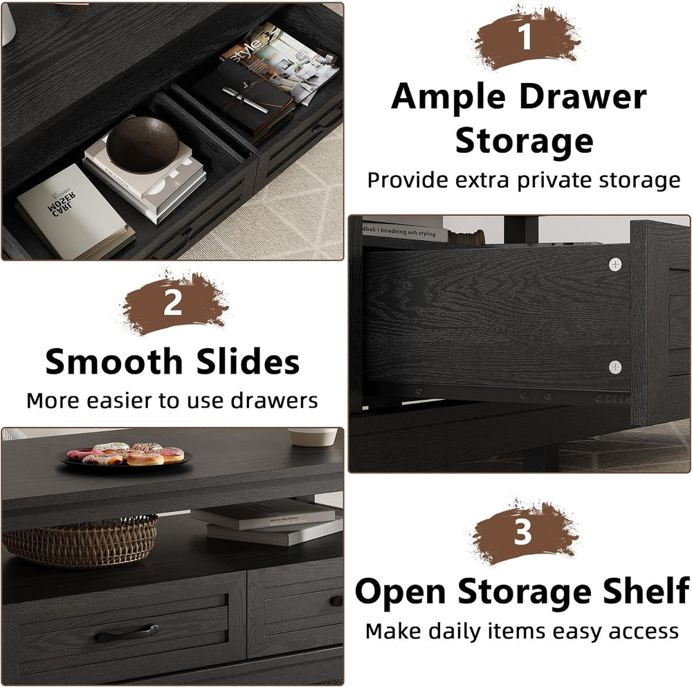 IDEALHOUSE Black Coffee Table with Drawers, 47.2” Rustic Center Table with Op...