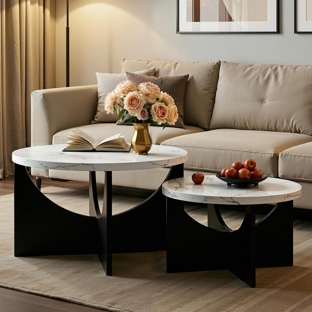 LIKIMIO Nesting Coffee Tables Set of 2, 31.5" Round Tables, Marble White