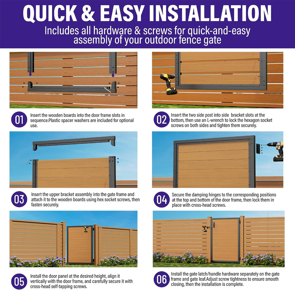 Hulave 4x5FT(46.8" Wx59 H) Fence Gate Kit Wood Grain Aluminum Panel, Brown