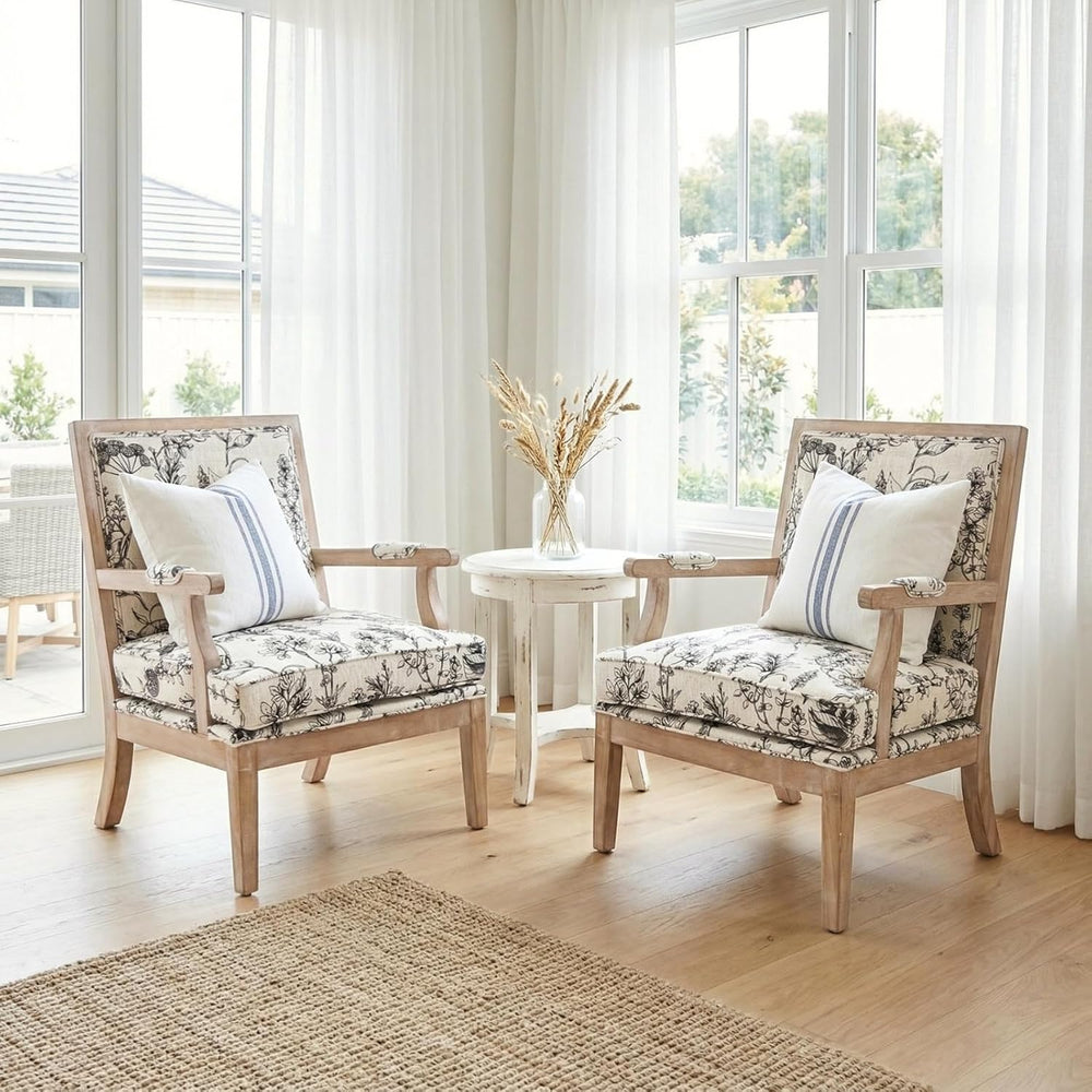 Modern Farmhouse Accent Chairs Set of 2, Wide Linen Upholstered Living Room C...