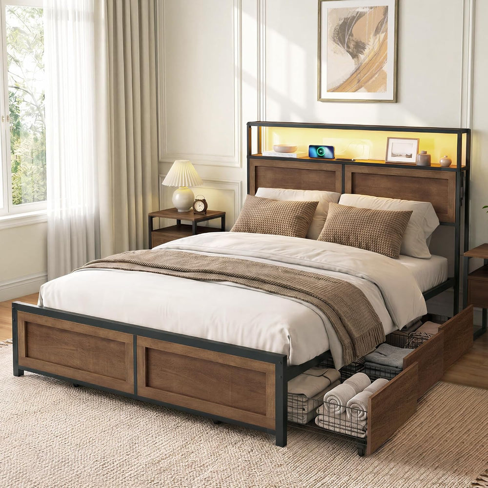 KISLOT 3PCS Bedroom Set with Storage, Industrial Bed Frame, Walnut, Queen