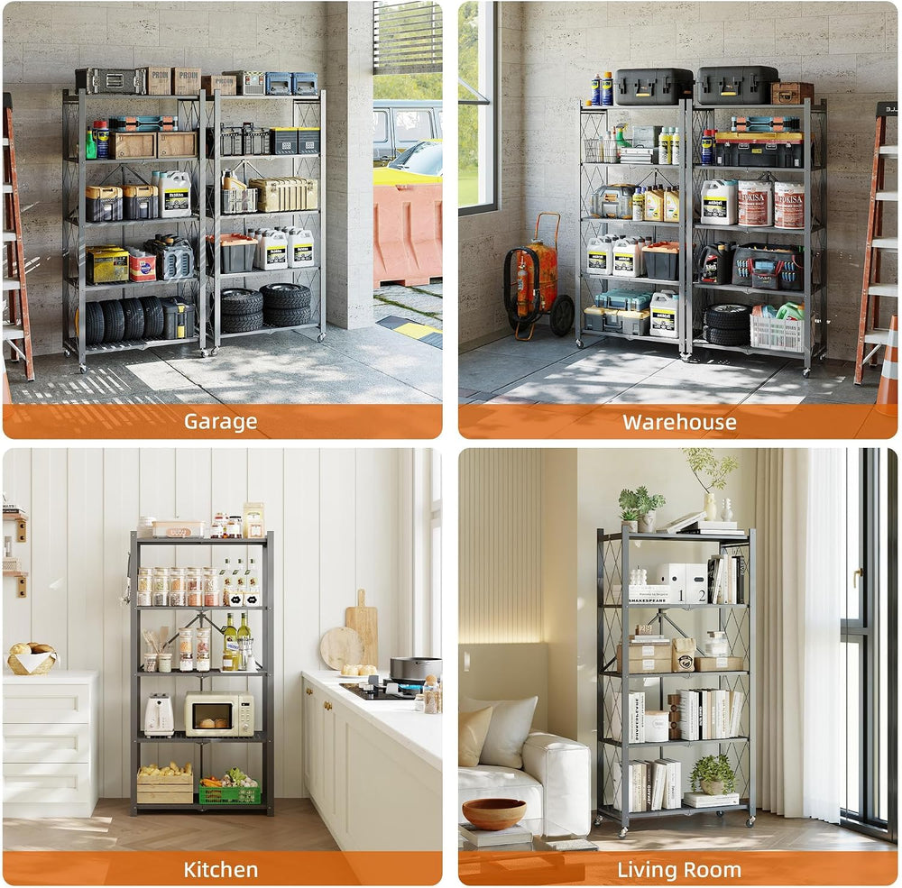 Fenbeli 5-Tier Folding Metal Storage Shelves with Wheels, 750 lb Capacity