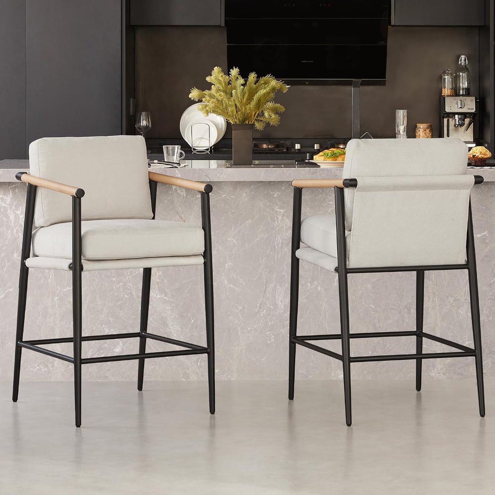 Watson & Whitely Mid Century Modern Barstools Set of 2, Fabric in Beige