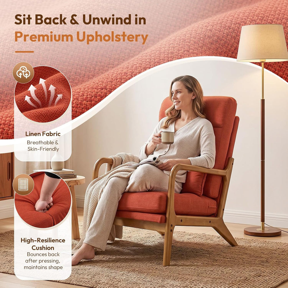 Bonnlo High Back Linen Burnt Orange Mid Century Modern Accent Chair, Soild Wo...