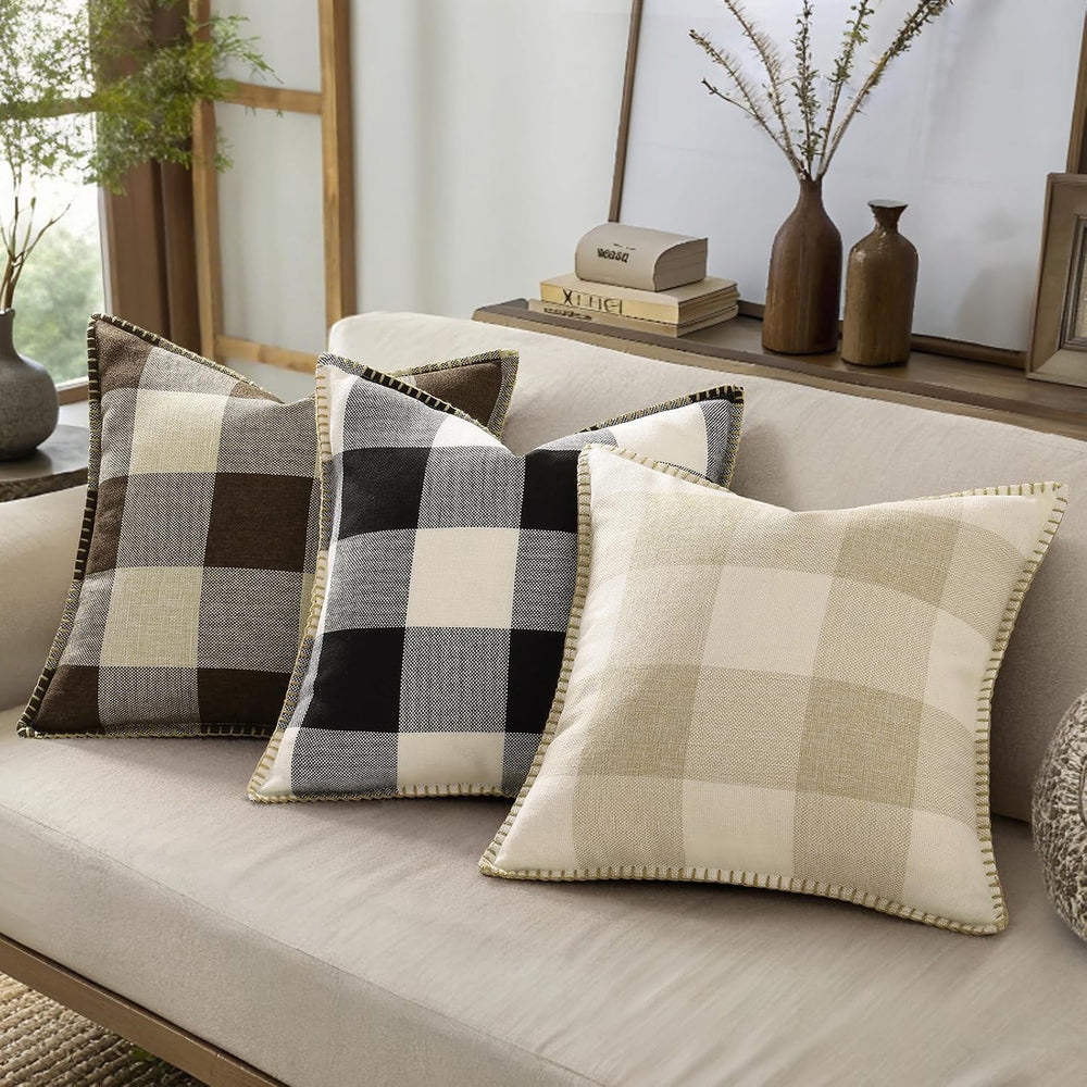 decorUhome Fall Plaid Linen Throw Pillow Covers 26x26 Set of 2 Brown Beige