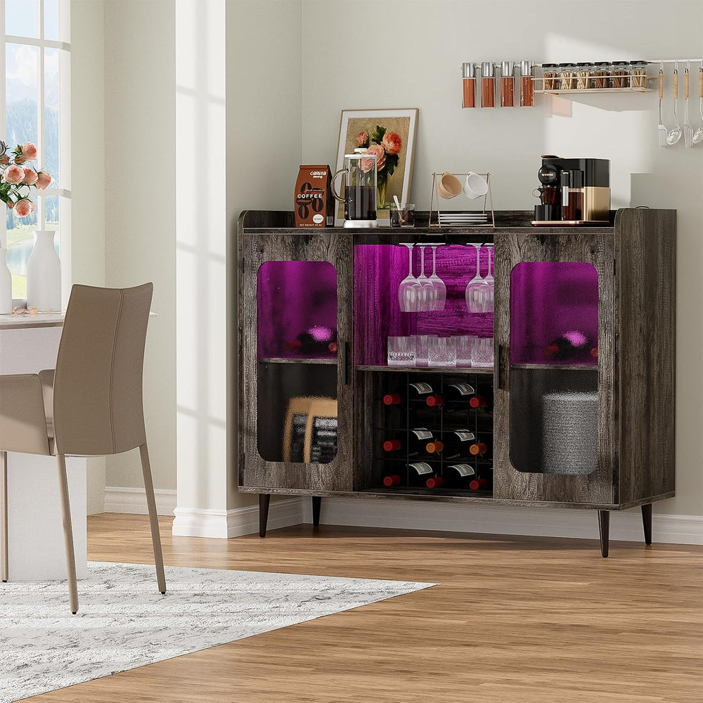 Coffee Bar Cabinet with Power Outlets and LED Light, Black Oak