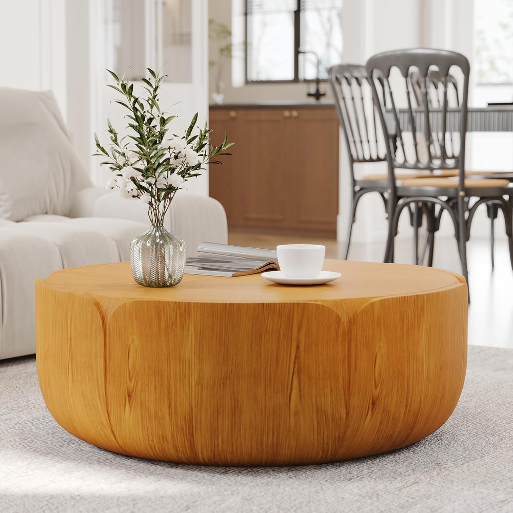 35.63" Round Outdoor Indoor Coffee Table - Modern Wood Grain Drum Center...