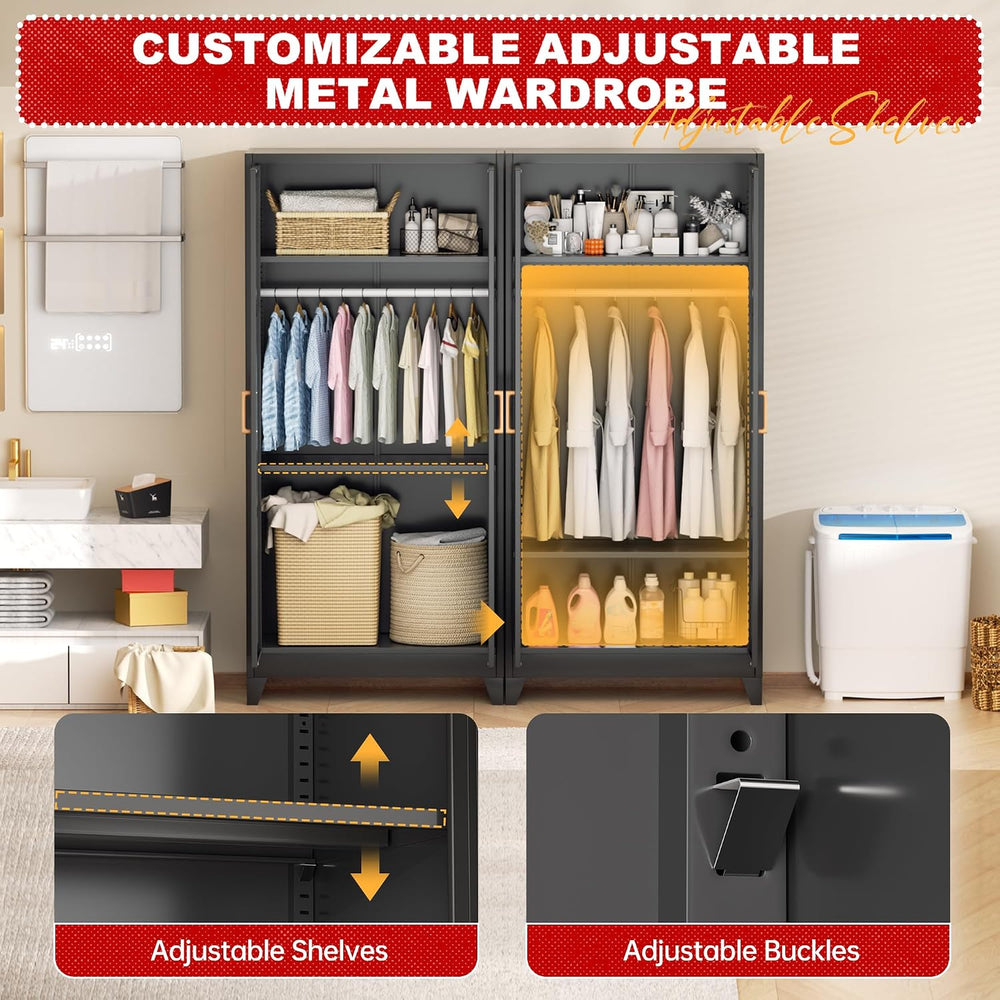 Superday Metal Wardrobe Closet, 72" H Bedroom Armoires with Wooden Handl...