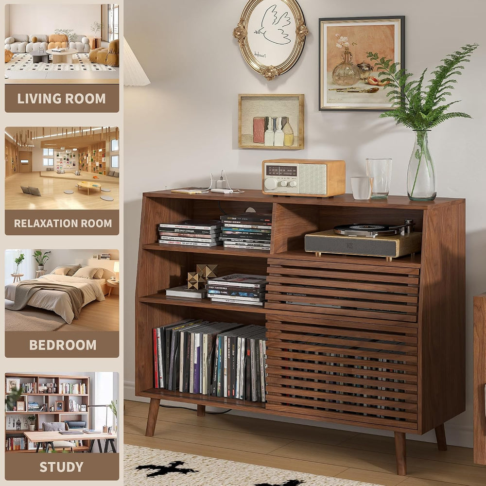 Jluomei Large Record Player Stand, Mid-Century Turntable Stand with Doors and...