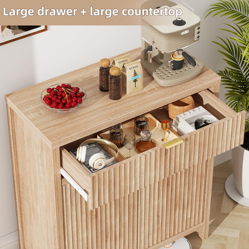 Wooden Sideboard Buffet Cabinet with Drawer and 2 Doors, Modern Fluted Storag...
