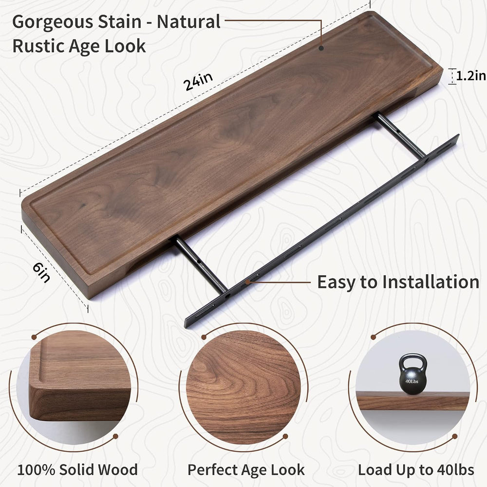 Axeman 24 Inch Solid Walnut Wood Floating Shelves, 6inch Deep Wall Shelves