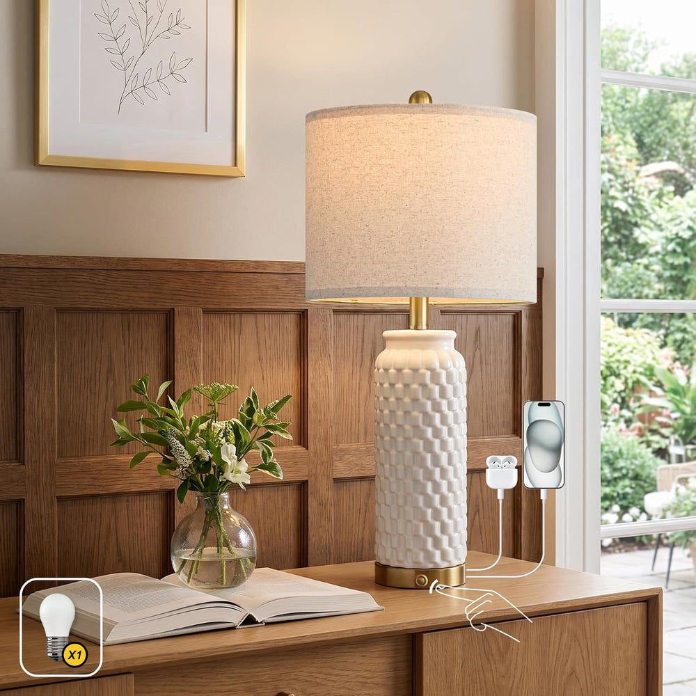 USumkky 25'' Touch Table Lamp for Nightstand White Ceramic -3 Way Dim...
