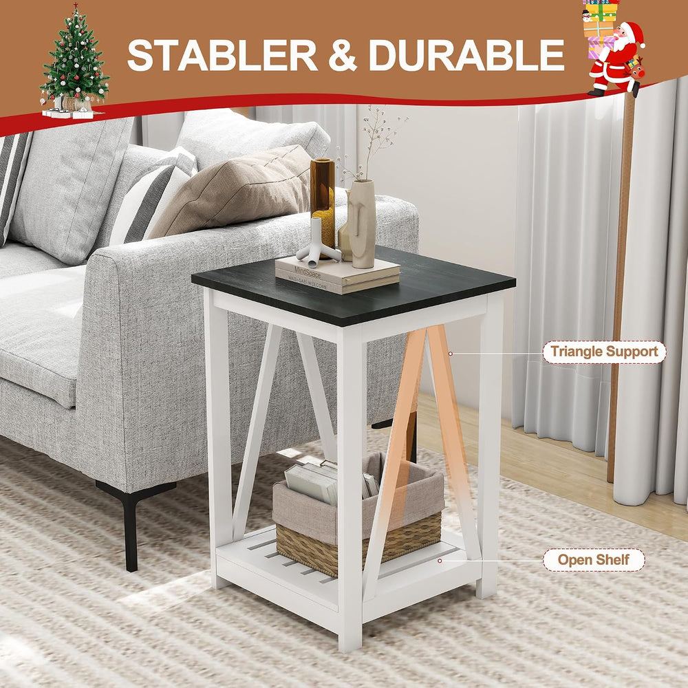 End Table, Farmhouse Square Side Table with Slat Shelf, 15.7" Black Top