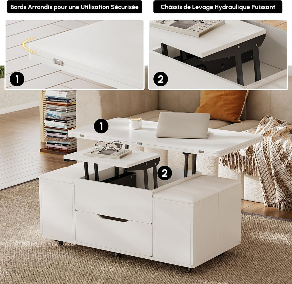 homary White Lift Top Coffee Table with Hidden Storage, 3 in 1 Multi-Function...