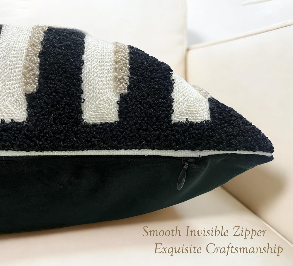 20"x20" Black Cream Stripe Tufted Pillow Covers Luxury Geometric Ac...