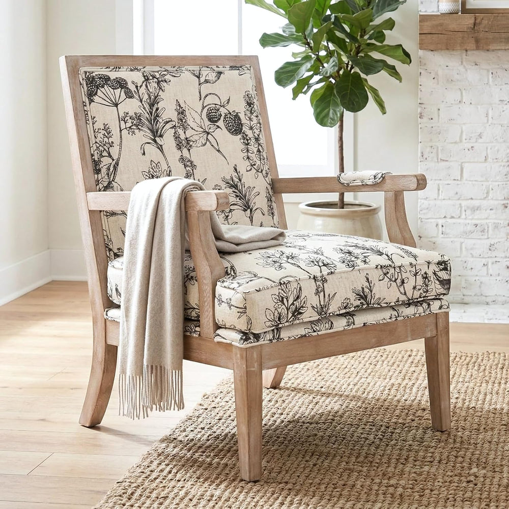 Modern Farmhouse Accent Chair, Wide Linen Upholstered Living Room Chair with ...