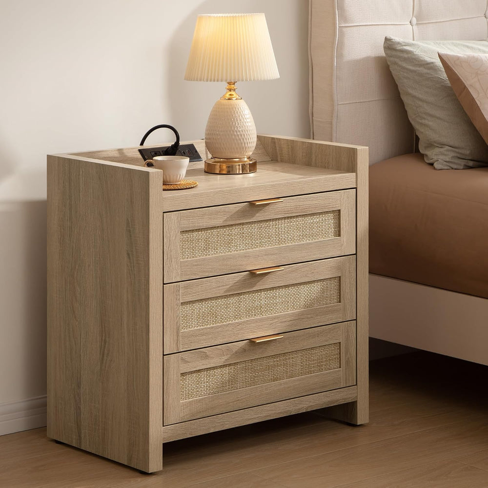 SICOTAS Rattan Nightstands Set of 2, Tall Bedside Table with 3 Drawers