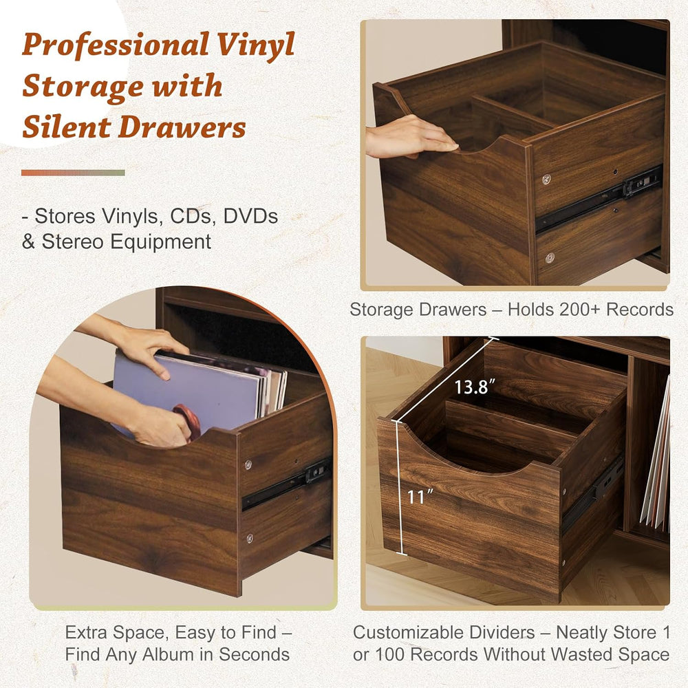 Bikoney Record Player Stand with Vinyl Storage, Mid Century Walnut