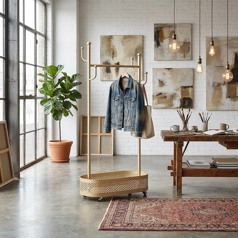 Gold Wheeled Cactus Metal Coat Rack Freestanding Garment Organizer