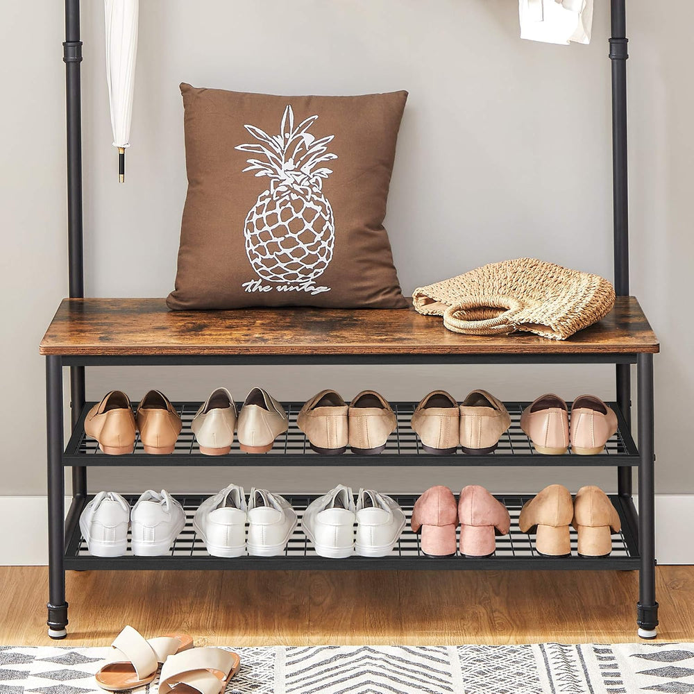 VASAGLE Coat Rack and Storage Bench, Hall Tree with 9 Hooks, Steel Frame