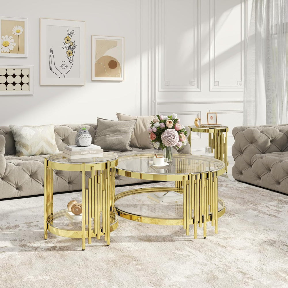 Round Glass Coffee Table Set of 3, Gold and Clear Modern Living Room Table Se...