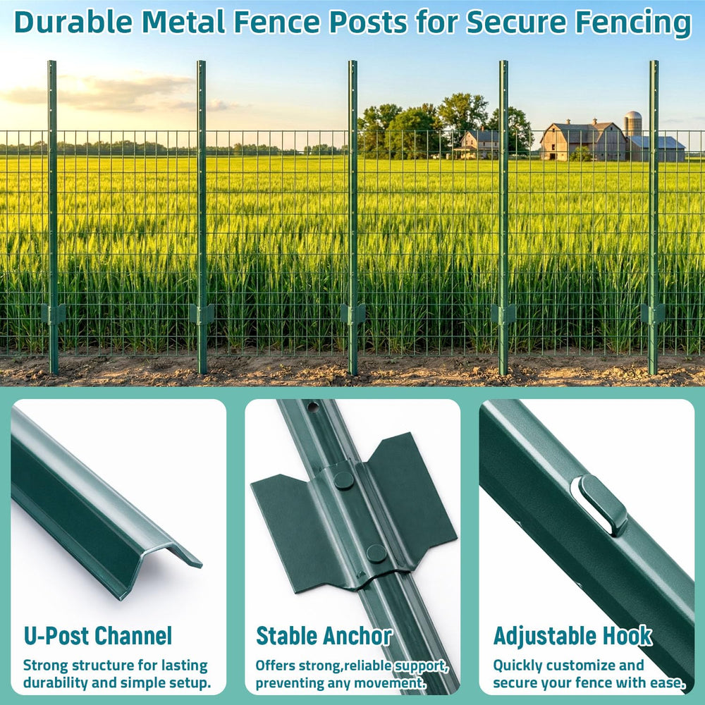 TECSPACE Metal Fence Post, 4 ft Heavy Duty U-Post with Anchor Plate and Adjus...