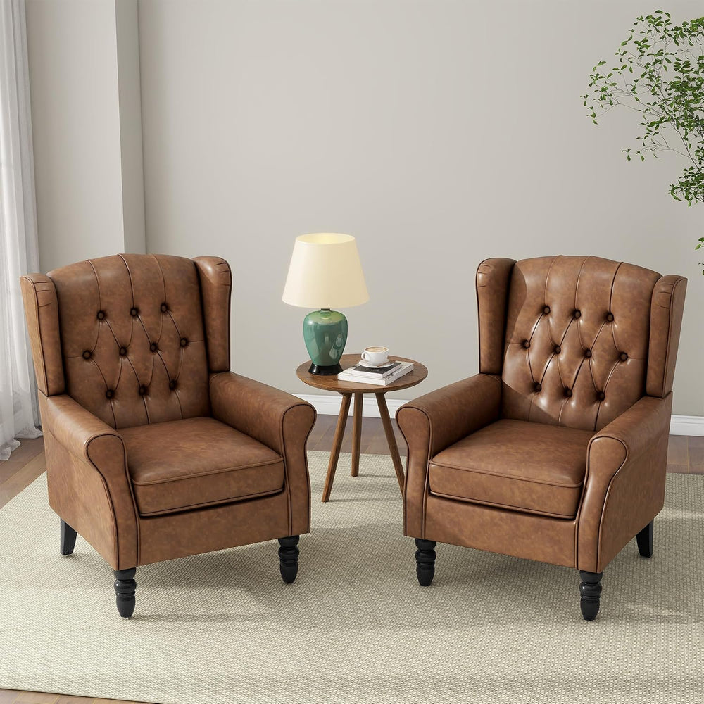 Faux Leather Wingback Accent Chair, Tufted High Back Armchair, Brown