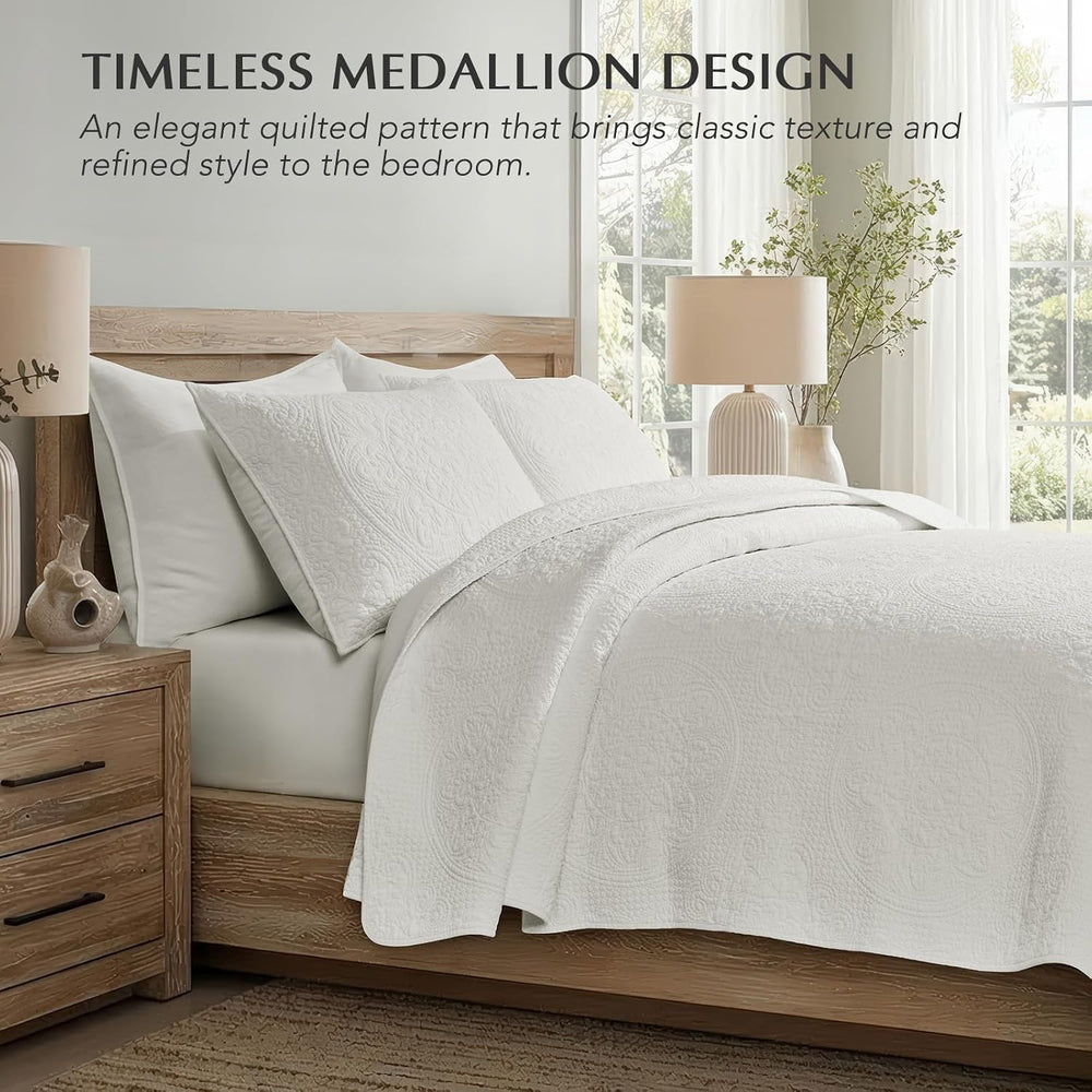 EverGrace 100% Cotton Medallion Stitch Quilt Set, King Size, Bright White