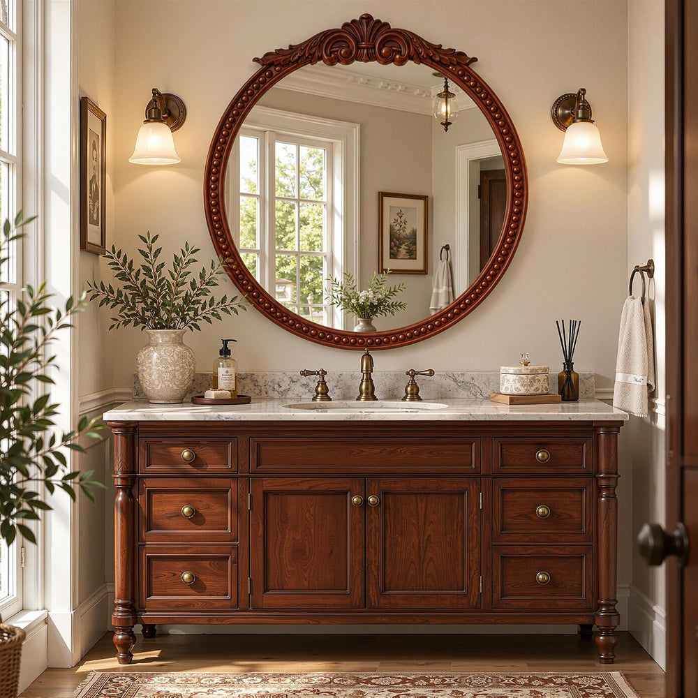 30" Rustic Round Wood Mirror with Beads Walnut Reddish Brown