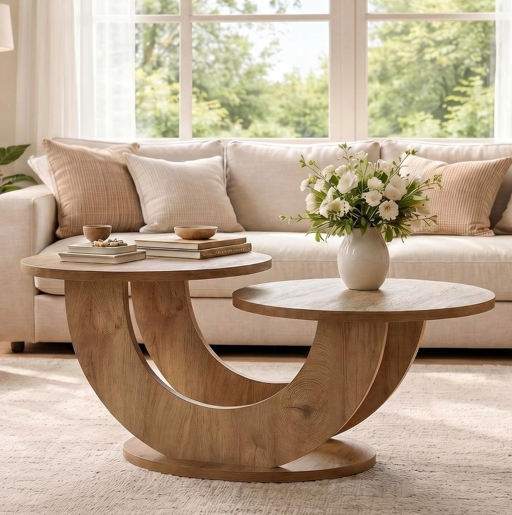 Tribesigns 45.3" Round Wooden Coffee Table, 2-Tier Farmhouse Center Table
