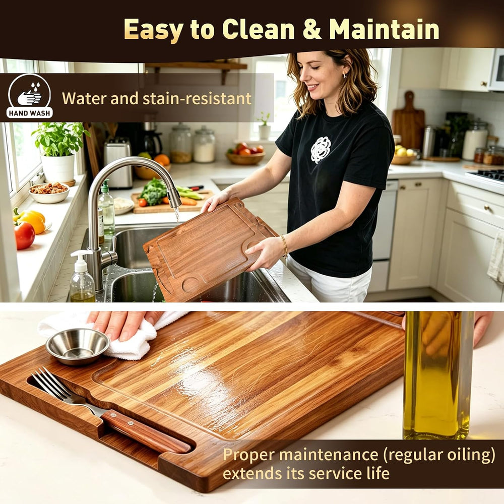 Acacia Wooden Steak Plate Board Set with Knife Fork & Sauce Cups 2 Set Pack