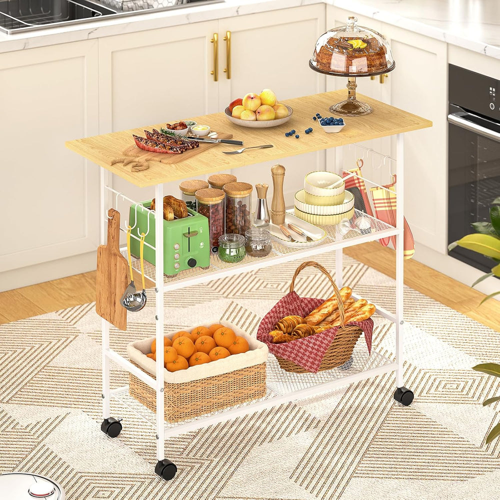 Kitchen Island with 3 Shelves, Rolling Kitchen Cart with 6 Hooks and Protecti...