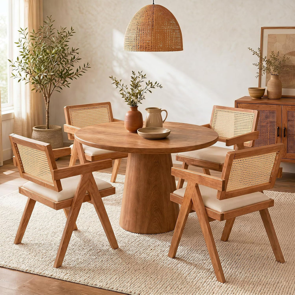 GIANTEX Rattan Dining Chairs Set of 4, Fabric Kitchen Chairs w/Armrests &...