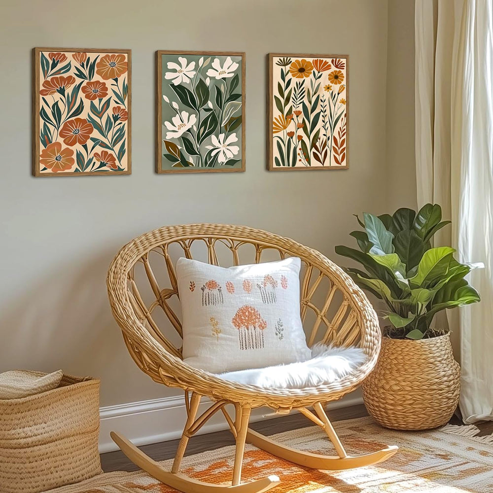 Framed Boho Floral 3 Piece Wall Art,Mid Century Modern Abstract Flower Pictur...
