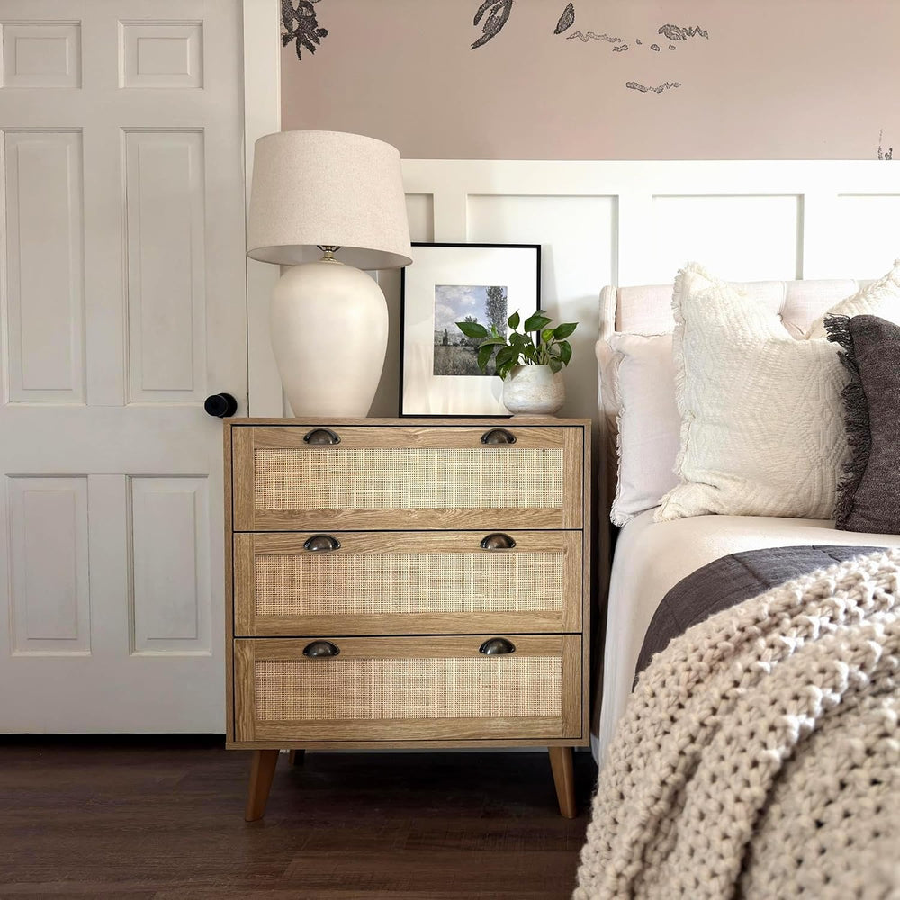 PHI VILLA Natural Rattan Nightstand, 3 Drawer Dresser Bedside Table