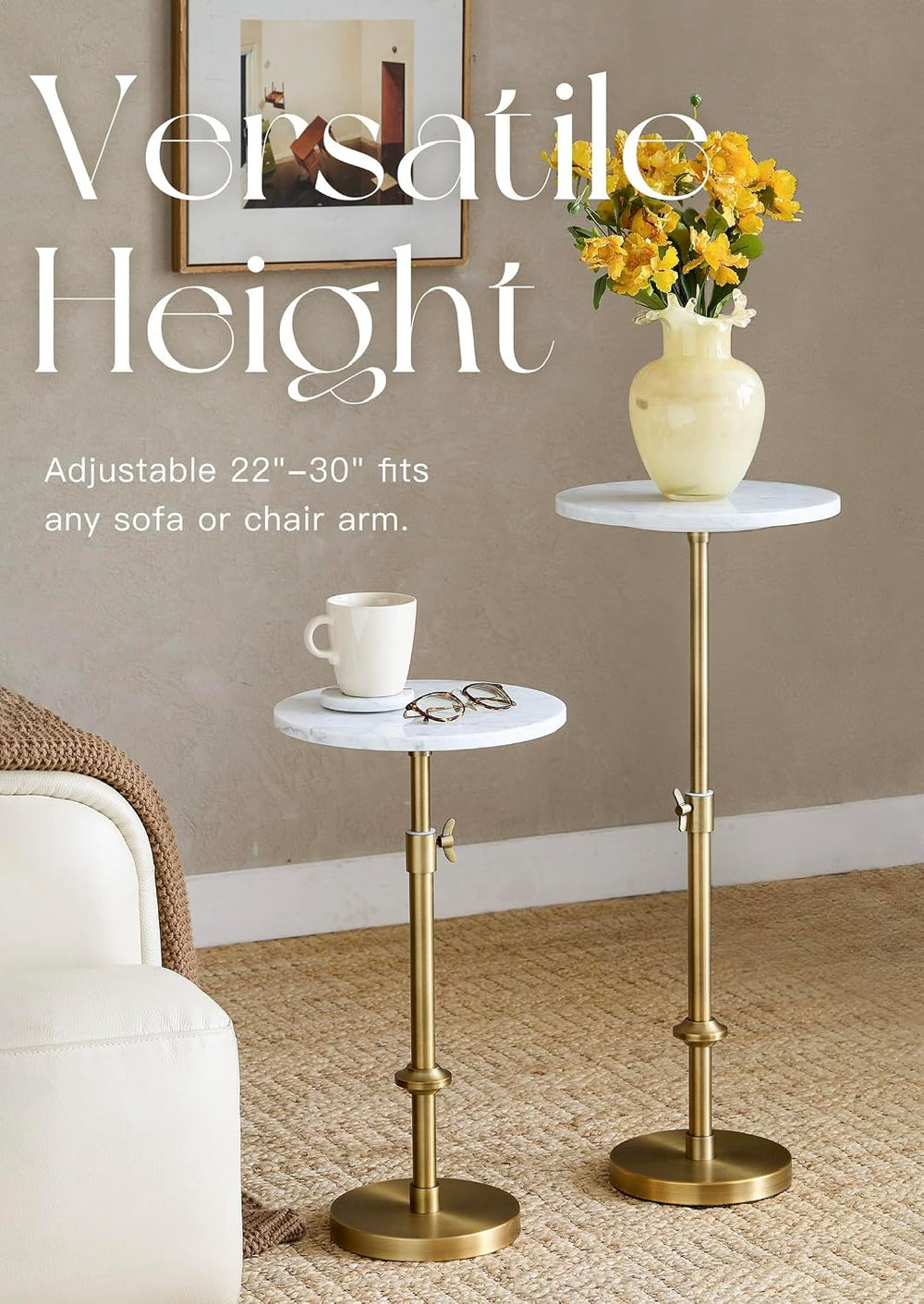 Adjustable 12" White Marble Drink Table with 2 Coasters, Antique Brass