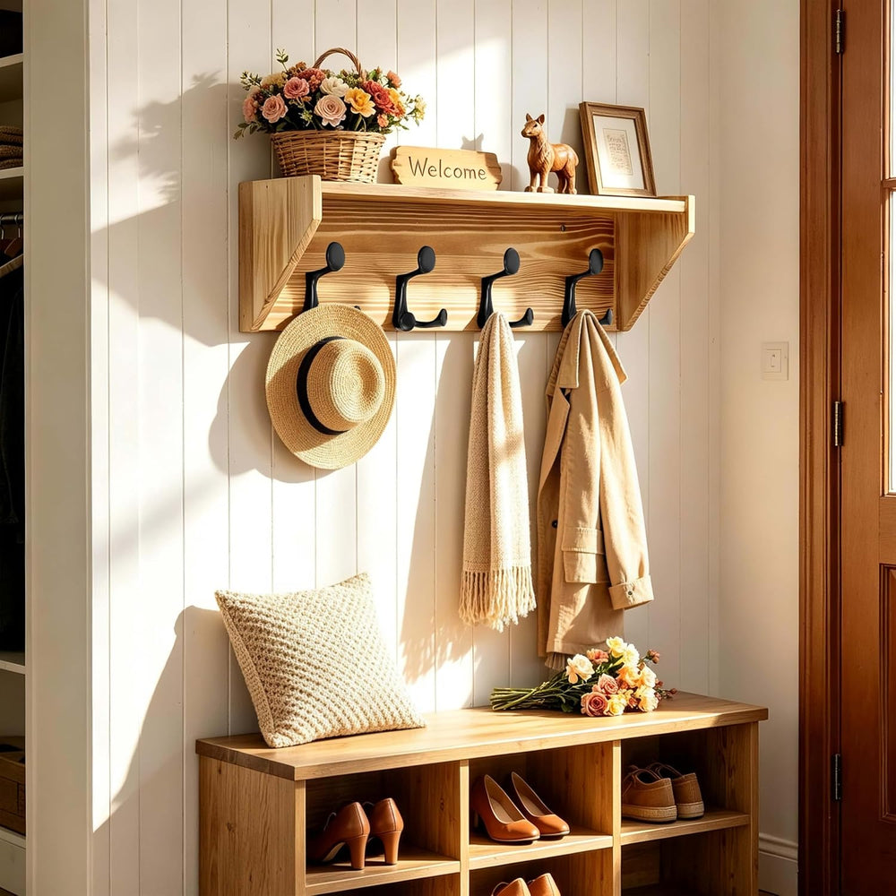 SKOLOO Wall Shelf with Hooks, 24-Inch Coat Rack Wall Mount with Shelf Organiz...