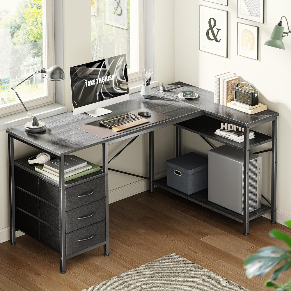 Huuger L Shaped Office Desk with Power Outlets & 3 Drawers
