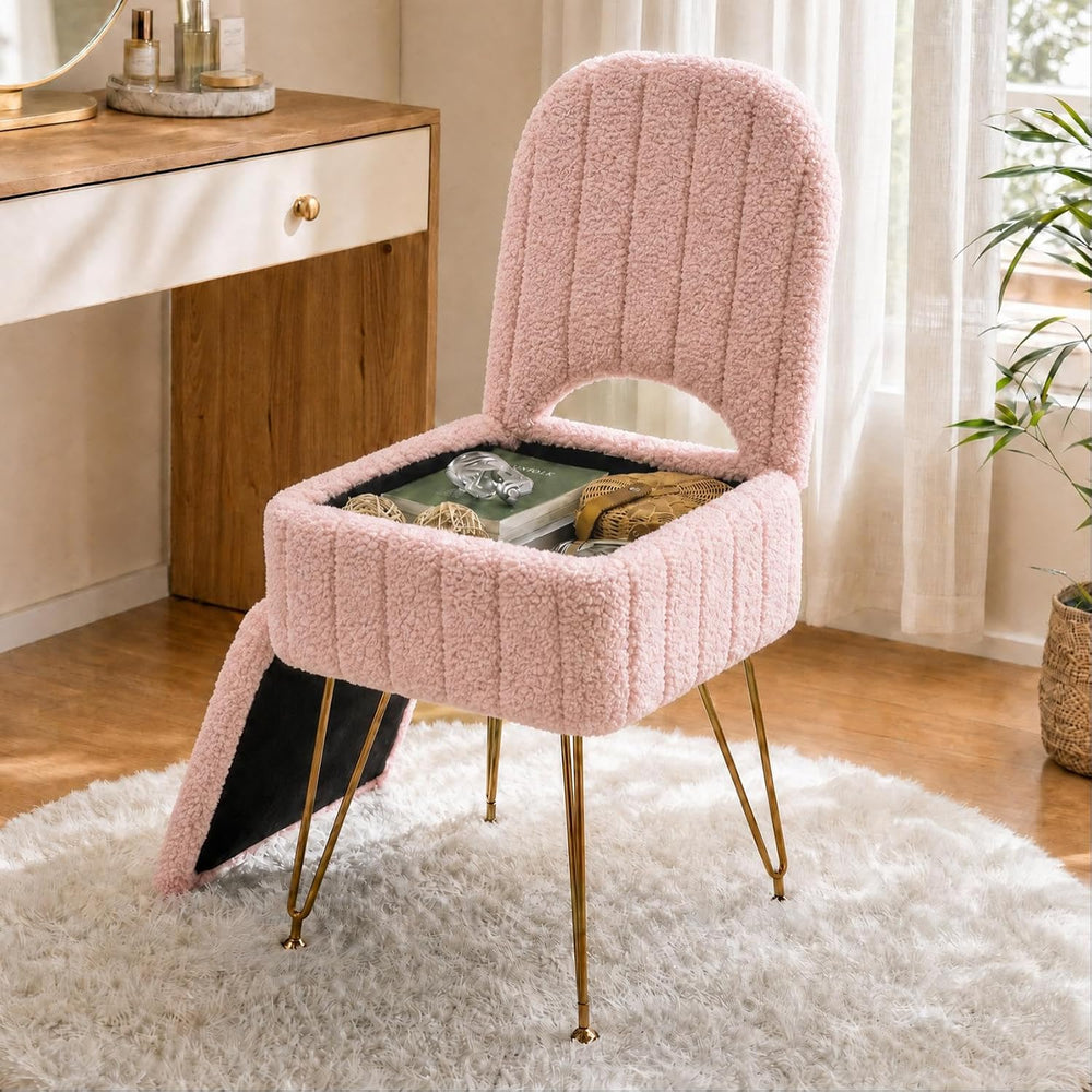 Garvee Vanity Stool Chair with Backrest & Storage,Boucle Fabric,Pink,Large