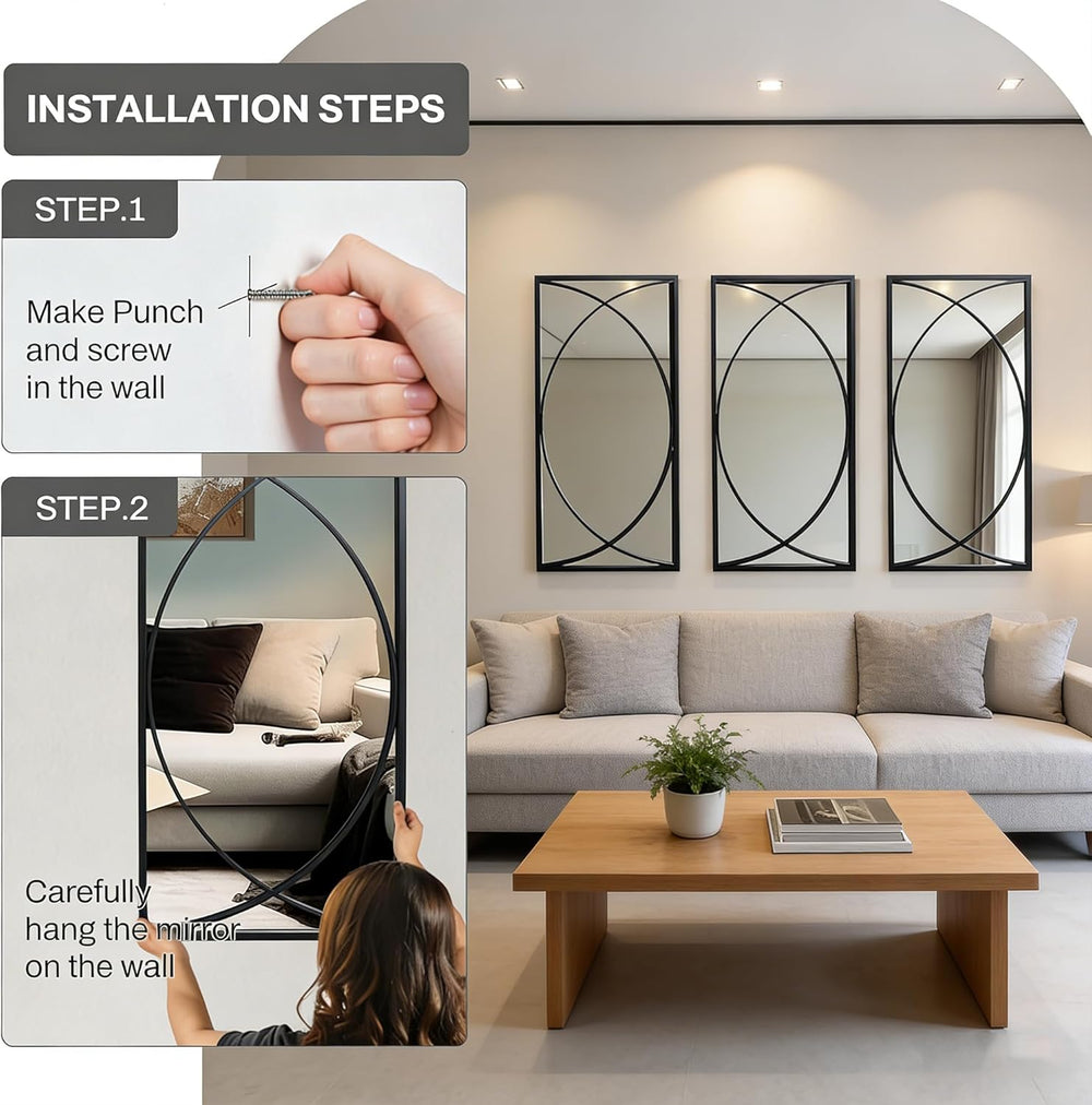 3 Pieces Black Rectangular Wall Mirror Set for Home Decor