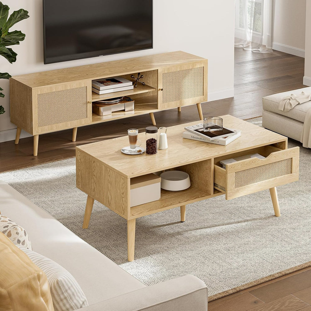 ZttRiee Rattan Coffee Table with Drawer, Boho, Natural