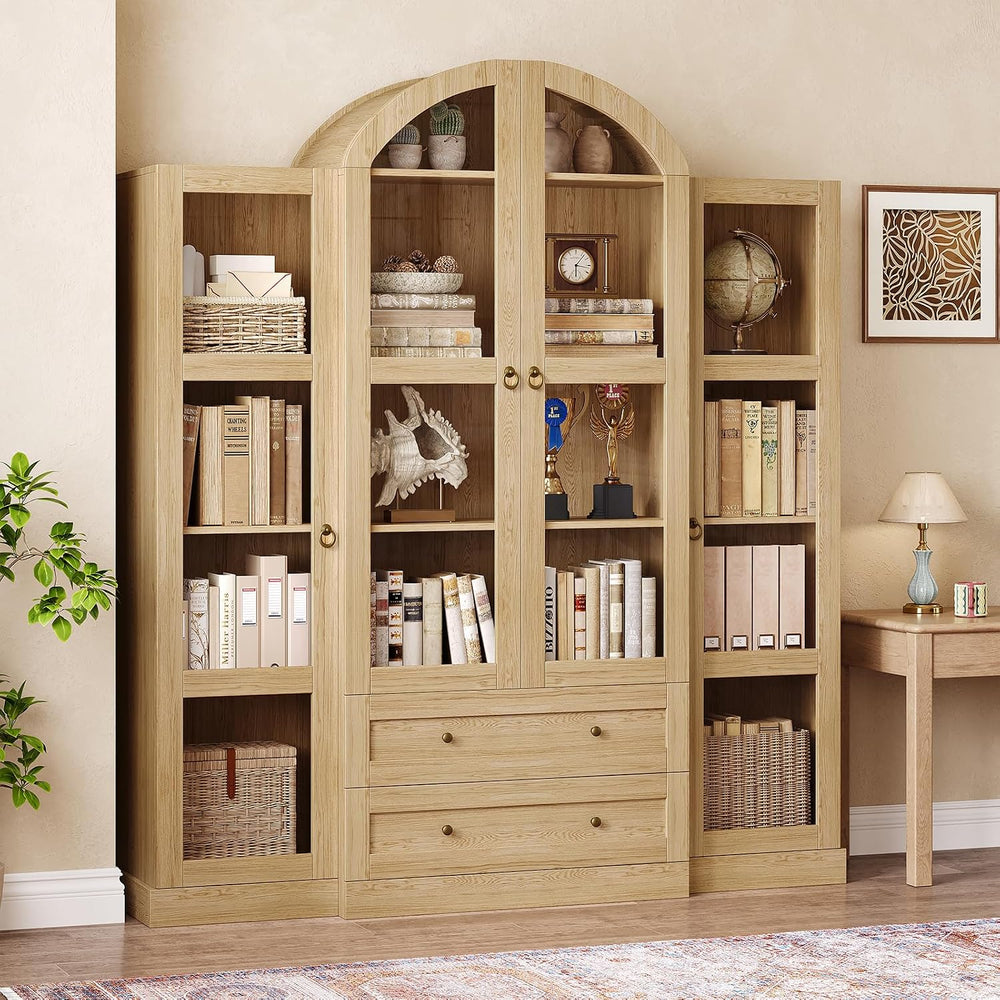 72.4" Tall Farmhouse Display Cabinet with Glass Doors, Natural