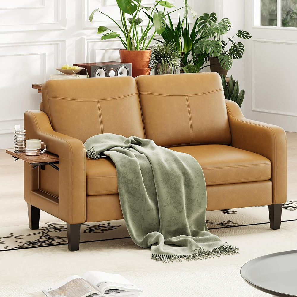 MALOL 51" Leather Accent Chair with Foldable Side Table, Brown