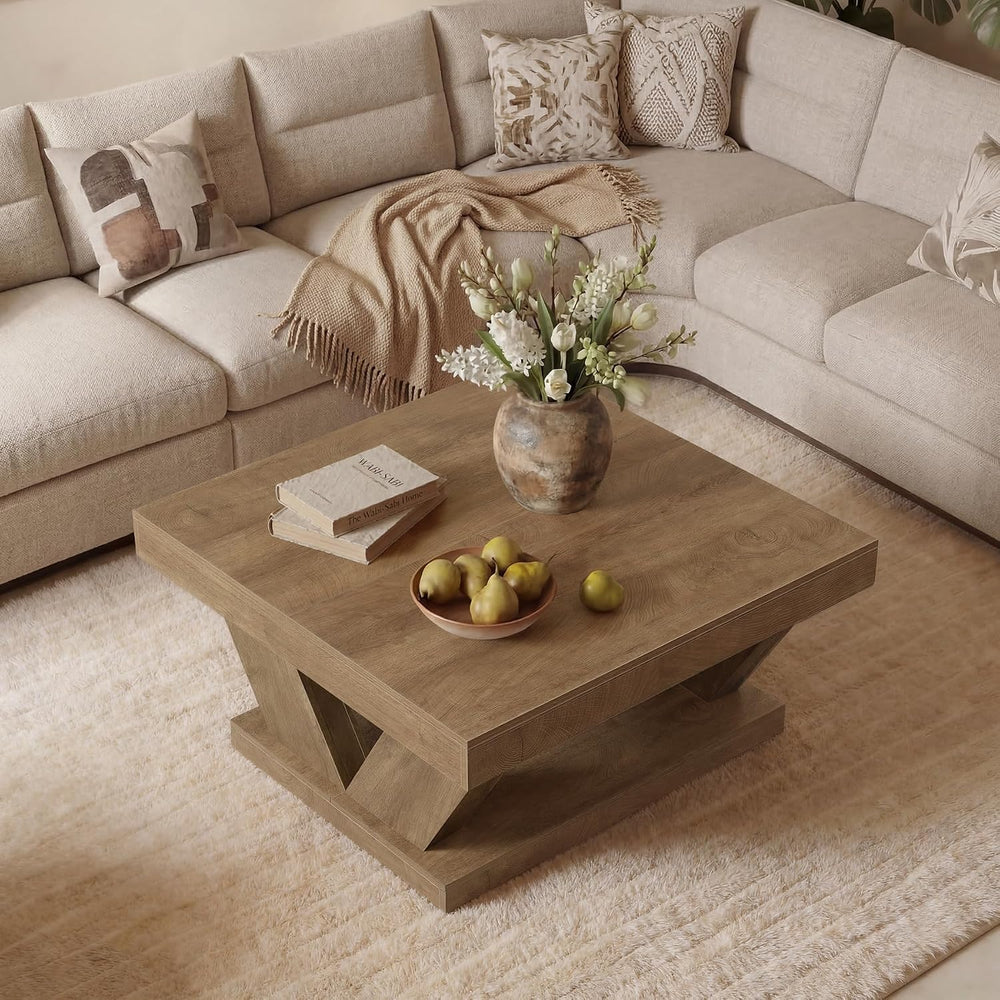 LITTLE TREE Coffee Table, Farmhouse Coffee Table with Large Storage Shelf, 2-...