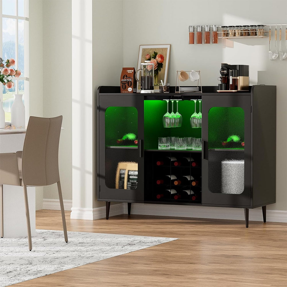 Coffee Bar Cabinet with Power Outlets and LED Light, Black