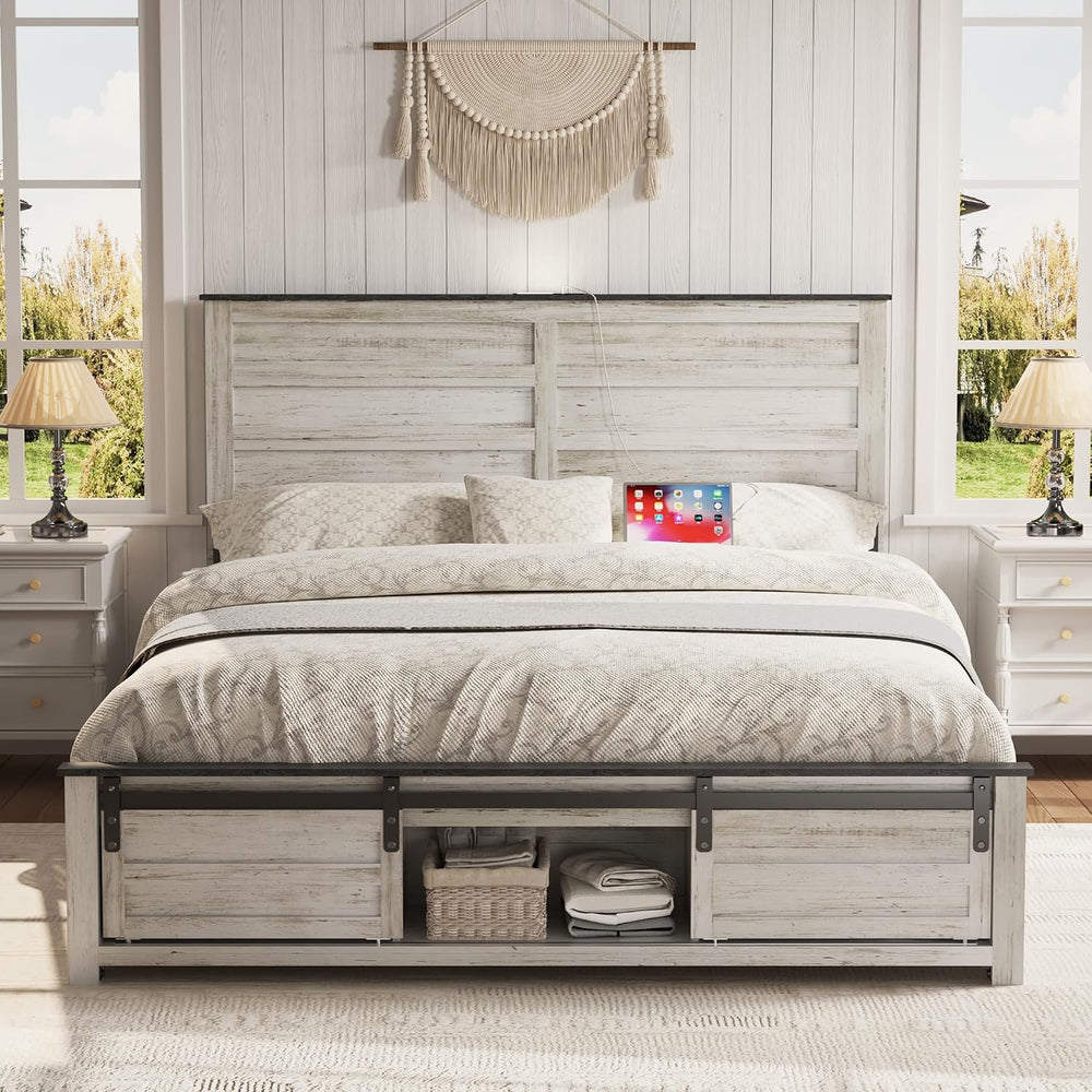 King Size Wooden Bed Frame with Headboard and Storage Footboard