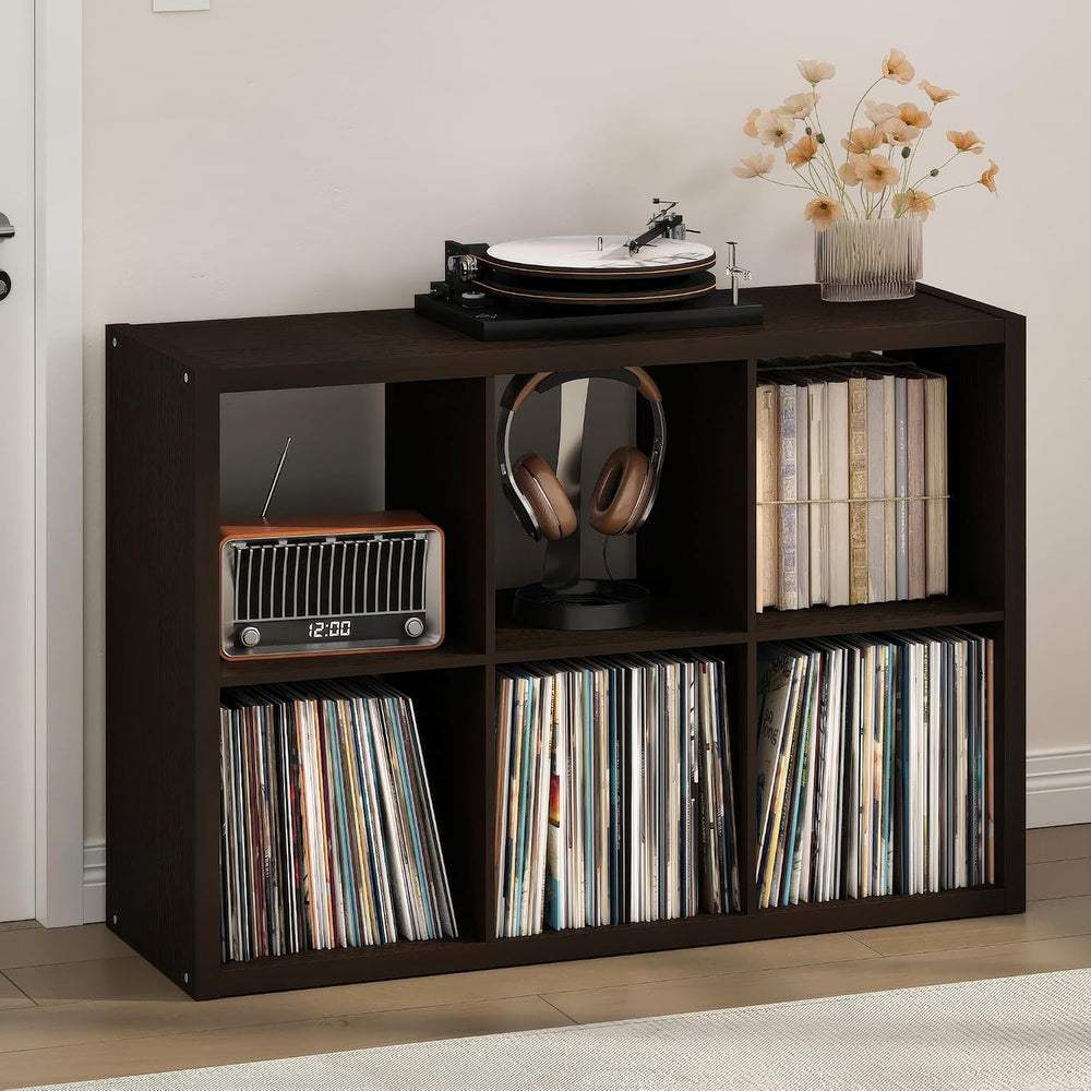 Furinno Cubicle 6-Cube Record Player Stand, Vinyl Record Storage, Black Oak